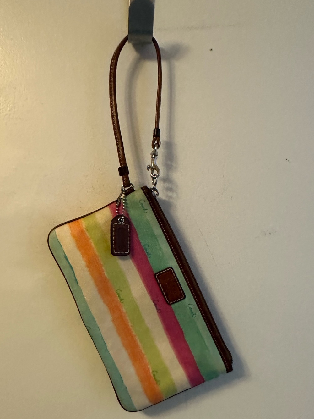Coach Striped Multicolor Canvas Wristlet with Brown Leather Trim - Picture 3 of 15